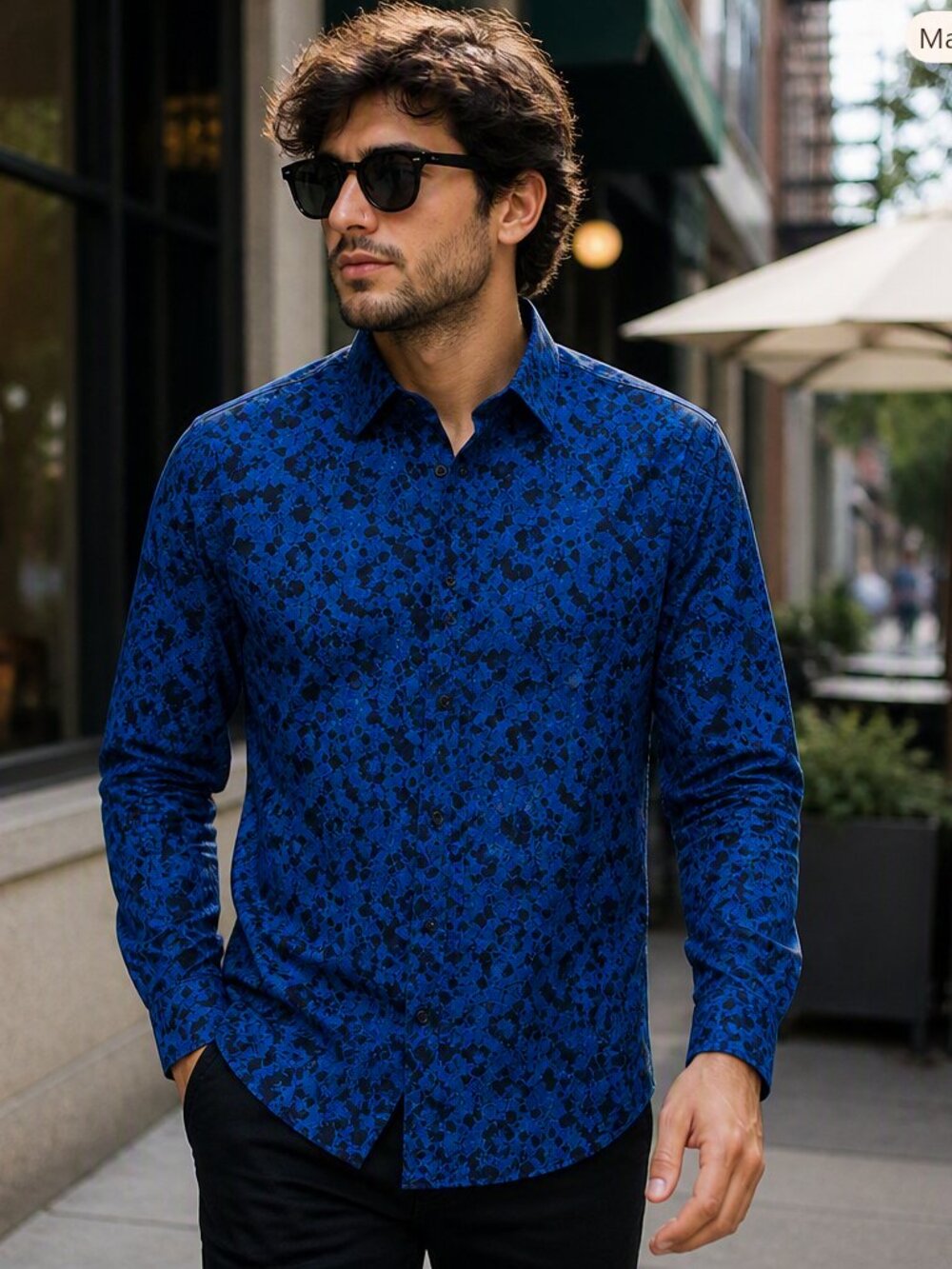 Open Edit Men’s Blue Long Sleeve Casual Button‑Down Shirt – Size Large